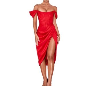 NEW House of CB Red Loretta Off Shoulder Corset Midi Dress Size Small Reg. $285